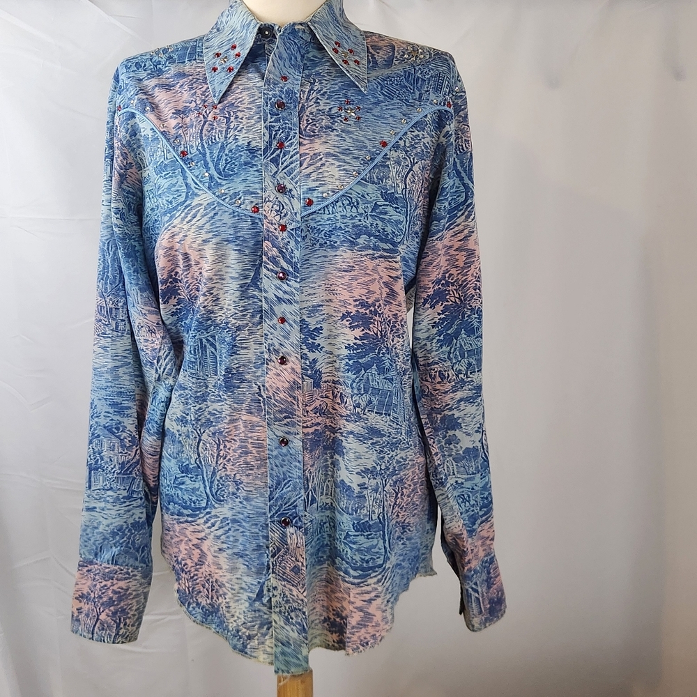 Vintage Womens Small Pearl Snap Button Rhinestone Yoke Cowgirl Western Ranch HTF